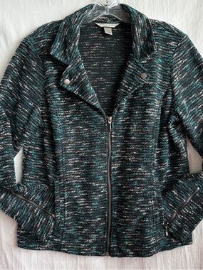 Christopher & Banks Marled Woven Motorcycle Jacket Textured Zip Front